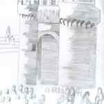 Porta Romana 7. Porta Romana. Disegno di Jasmine Ortolani da un dipinto raffigurante la venuta di Pio IX a Foligno nel 1857 (Cruciani 1990, p. 162)