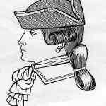 29. Piccolo tricorno profilato (1770): i capelli sono composti in larghi boccoli e in una lunga coda rialzata e trattenuta sul dietro