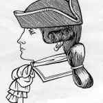 Piccolo tricorno profilato (1770) 29. Piccolo tricorno profilato (1770): i capelli sono composti in larghi boccoli e in una lunga coda rialzata e trattenuta sul dietro